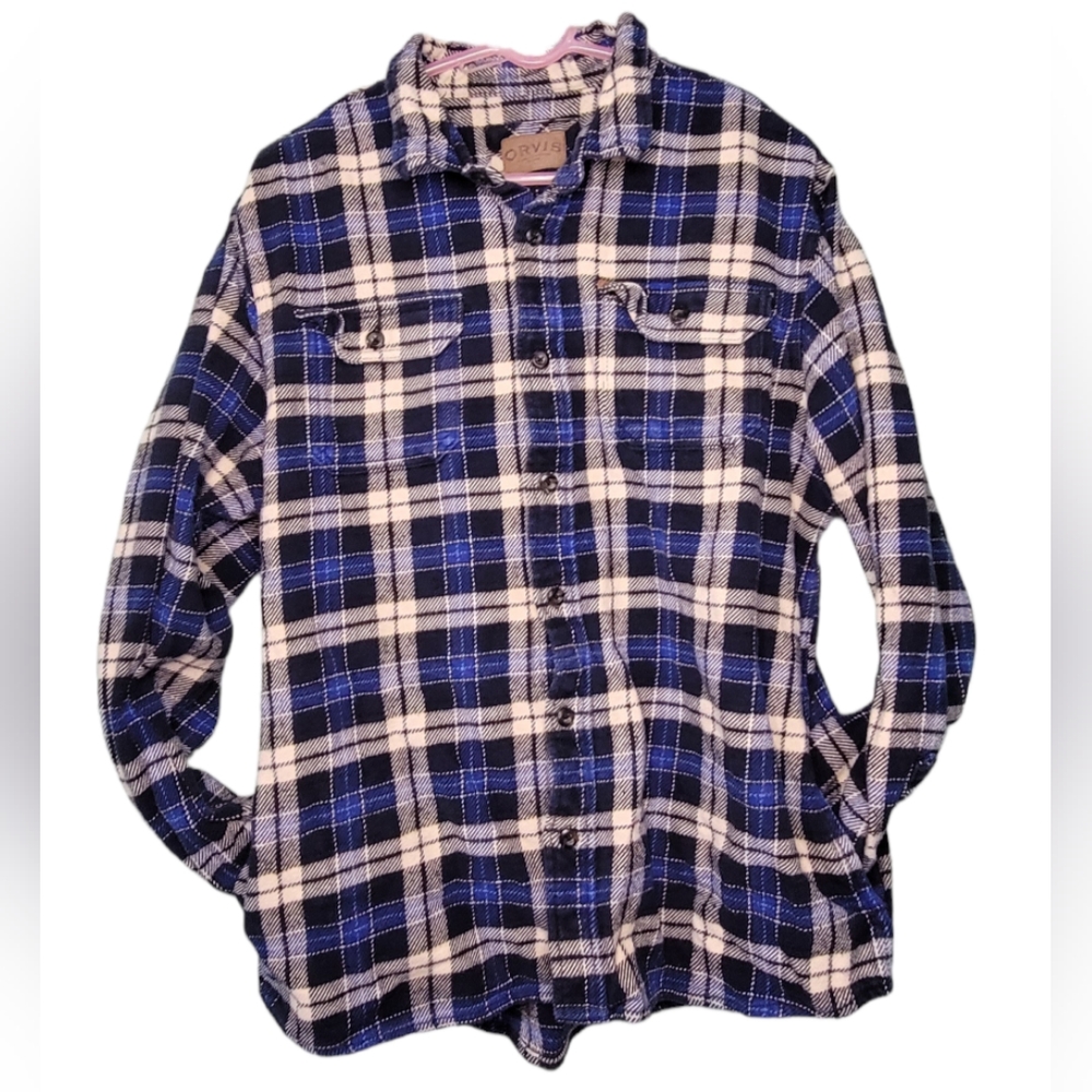 ORVIS Flannel Shirt Shacket Pockets Blue Plaid Jacket Thick & Warm Mens Size XL